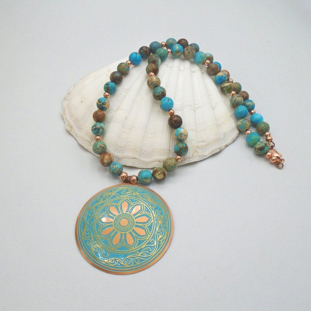 BEAUTIFUL AFRICAN SEA SEDIMENT JASPER Aqua Blue Pendant Necklace